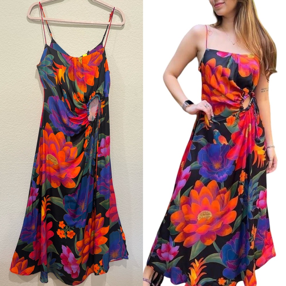 FARM Rio Floral Maxi Dress Colorful Medium Sleeveless Cutout Vibrant Tropical